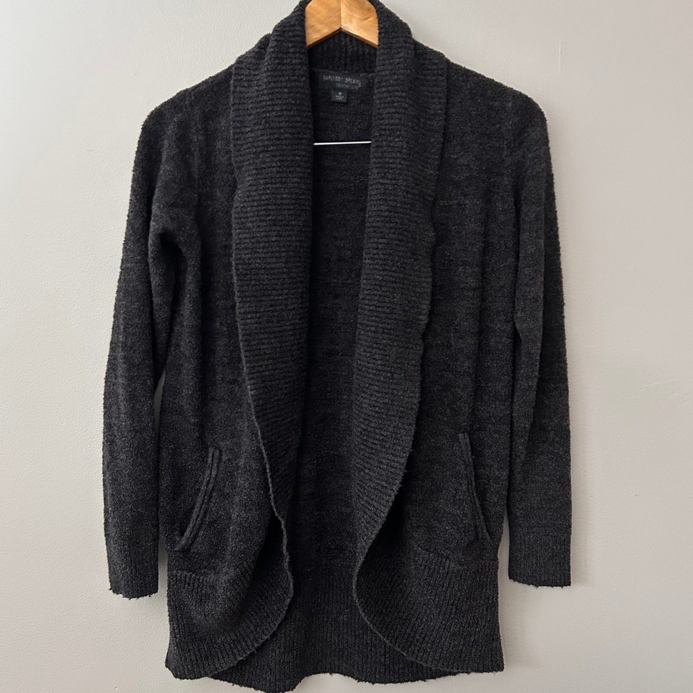 Barefoot Dreams CozyChic Lite Cardigan M Charcoal Gray Shawl Collar Pockets Cozy